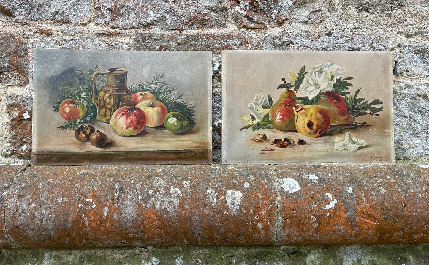 Pair of Apple & Pear Still Life Paintings by E Annett