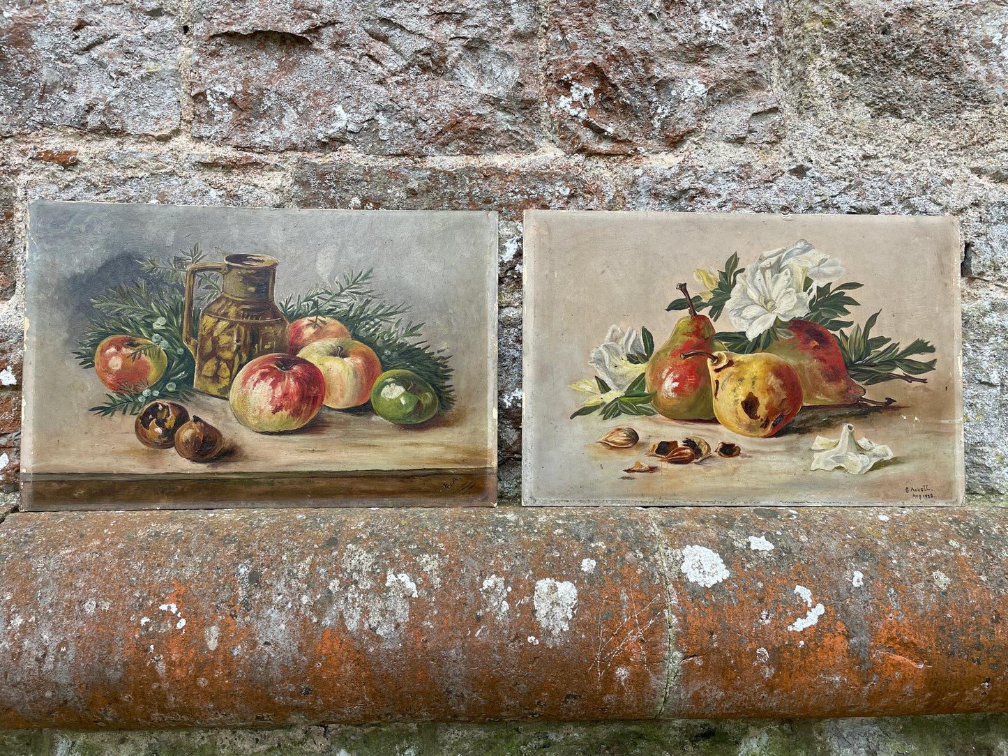 Pair of Apple & Pear Still Life Paintings by E Annett