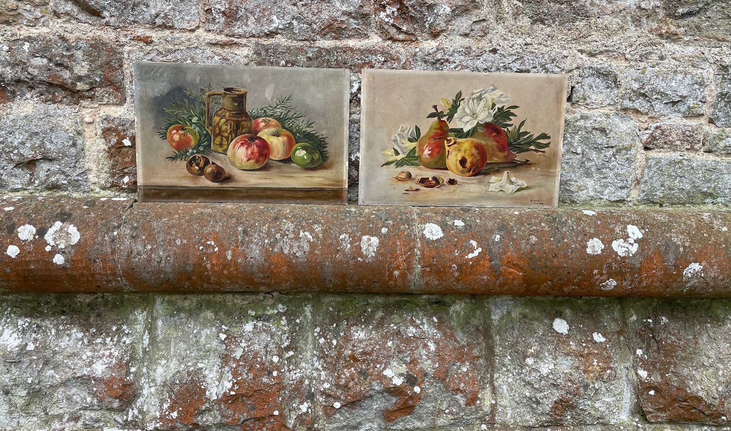 Pair of Apple & Pear Still Life Paintings by E Annett