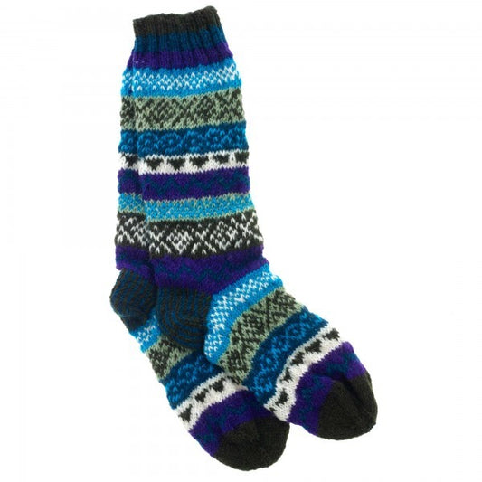 Fairisle Hand-Knitted 100% Wool Socks / Legwarmers Green, Blue and Purple