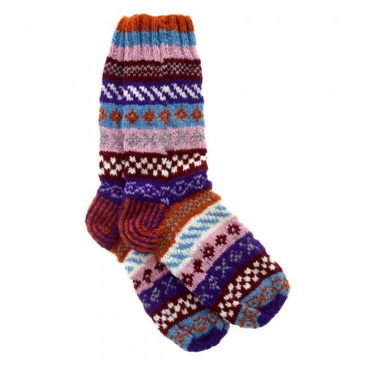 Fairisle Hand-Knitted 100% Wool Socks / Legwarmers Orange, Blue and Pink